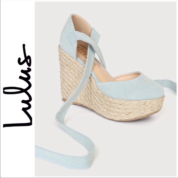 Lulu’s Chambray Espadrille Lace Up Platform Wedge Heels Size 6.5 New in Box - Picture 2 of 11